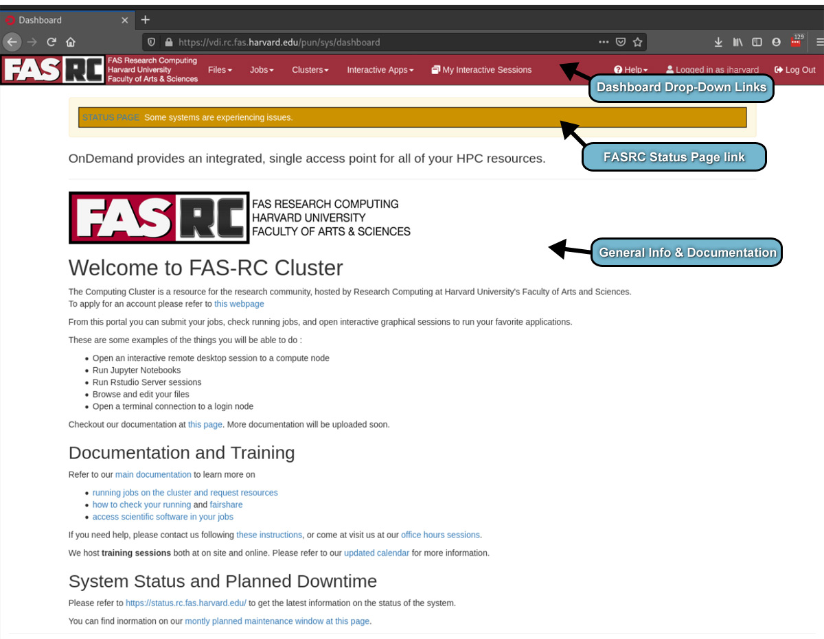front page of VDI - dashboard bar, status page link, docs and info